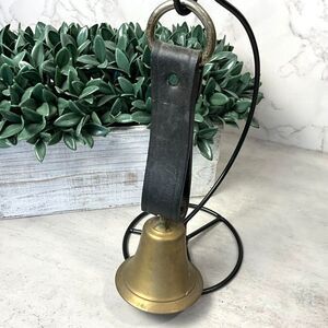 Wonderful old vintage brass bell, school teacher bell leather strap and hook